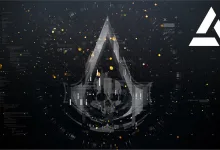 Assassin's Creed logo over a dark digital Animus-themed background with floating data elements