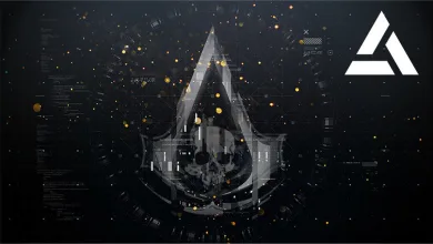 Assassin's Creed logo over a dark digital Animus-themed background with floating data elements