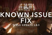 Interior game scene from Assassin's Creed Black Flag Resynced with text reading “Known Issue Fix” and “Title Update 1.0.5”