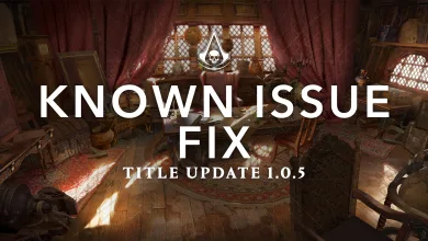 Interior game scene from Assassin's Creed Black Flag Resynced with text reading “Known Issue Fix” and “Title Update 1.0.5”