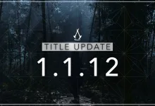 Assassin's Creed Shadows Title Update 1.1.12 graphic over a dark forest background