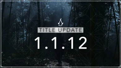 Assassin's Creed Shadows Title Update 1.1.12 graphic over a dark forest background