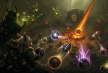 A dark fantasy arena filled with monstrous enemies as several glowing, elemental balls ricochet through combat while two adventurers watch from the foreground.