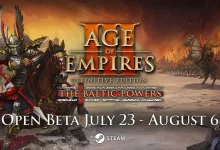 Promotional artwork for Age of Empires III: Definitive Edition's Baltic Powers expansion showing mounted warriors, opposing armies, the expansion title, and the Steam open beta dat
