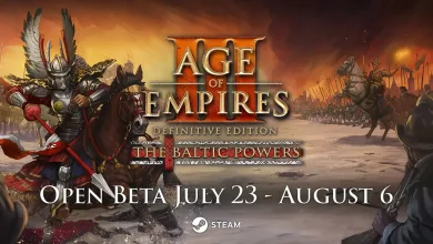 Promotional artwork for Age of Empires III: Definitive Edition's Baltic Powers expansion showing mounted warriors, opposing armies, the expansion title, and the Steam open beta dat