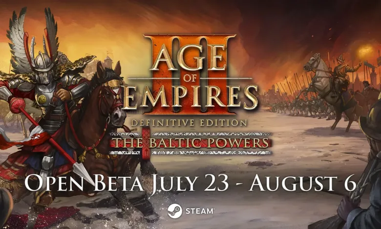 Promotional artwork for Age of Empires III: Definitive Edition's Baltic Powers expansion showing mounted warriors, opposing armies, the expansion title, and the Steam open beta dat
