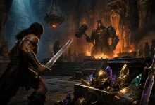 A barbarian warrior confronts a towering armored boss inside a torchlit stone dungeon, with a chest of colorful gemstones in the foreground.