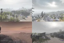 Two in-game BattleBit Remastered landscape views showing snowy mountains, forests, buildings, and a road through a developed combat area