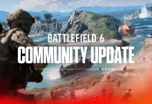 Battlefield 6 soldiers and combat vehicles in a coastal battlefield scene beneath the words Community Update