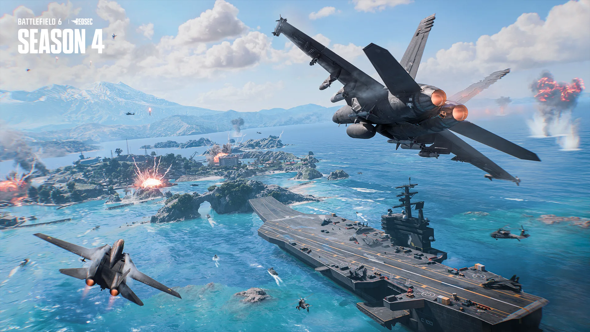 Battlefield 6 jets and naval forces fighting around a Pacific island chain