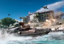Battlefield 6 boats lead an assault through tropical waters toward an island facility while aircraft fly overhead and explosions erupt along the shore.