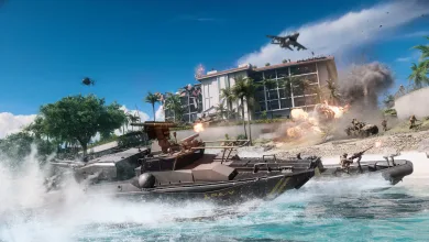 Battlefield 6 boats lead an assault through tropical waters toward an island facility while aircraft fly overhead and explosions erupt along the shore.