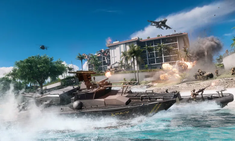 Battlefield 6 boats lead an assault through tropical waters toward an island facility while aircraft fly overhead and explosions erupt along the shore.