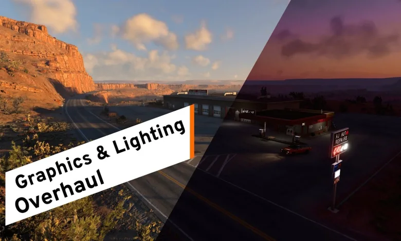 BeamNG.drive landscape shown before and after its graphics and lighting overhaul