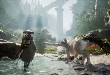 A masked warrior walks through shallow water beside a large canine companion in a lush, ruined landscape.