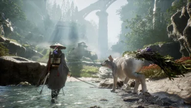 A masked warrior walks through shallow water beside a large canine companion in a lush, ruined landscape.