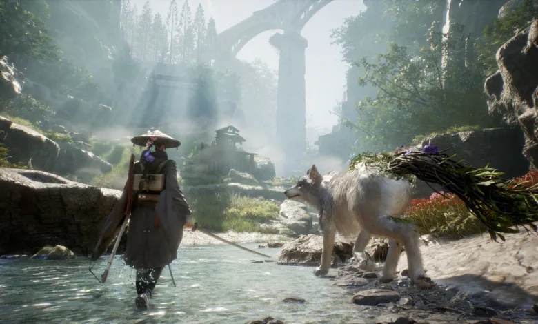 A masked warrior walks through shallow water beside a large canine companion in a lush, ruined landscape.