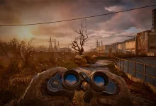 First-person view of binoculars overlooking an industrial landscape in the Zone