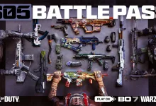 Call of Duty Black Ops 7 Season 05 Battle Pass artwork showing assorted weapons arranged between armored operators