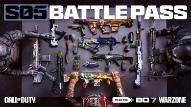 Call of Duty Black Ops 7 Season 05 Battle Pass artwork showing assorted weapons arranged between armored operators