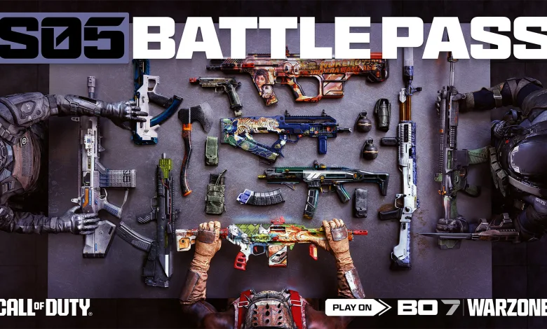 Call of Duty Black Ops 7 Season 05 Battle Pass artwork showing assorted weapons arranged between armored operators