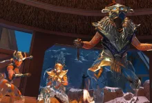 Bloodhound in ornate armor stands inside an Apex Legends location with two other Legends nearby