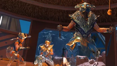 Bloodhound in ornate armor stands inside an Apex Legends location with two other Legends nearby