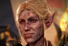 Bloodied elven character from Baldur's Gate 3