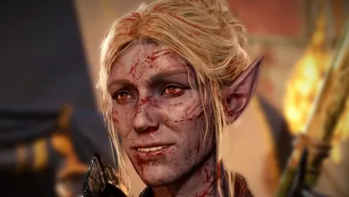 Bloodied elven character from Baldur's Gate 3