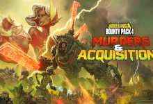 Borderlands 4 Bounty Pack 4: Murders & Acquisitions artwork showing characters and creatures amid explosions and lightning