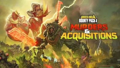 Borderlands 4 Bounty Pack 4: Murders & Acquisitions artwork showing characters and creatures amid explosions and lightning