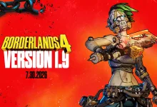 Borderlands 4 Version 1.9 artwork featuring a green-haired character holding a weapon against a red background