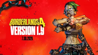 Borderlands 4 Version 1.9 artwork featuring a green-haired character holding a weapon against a red background