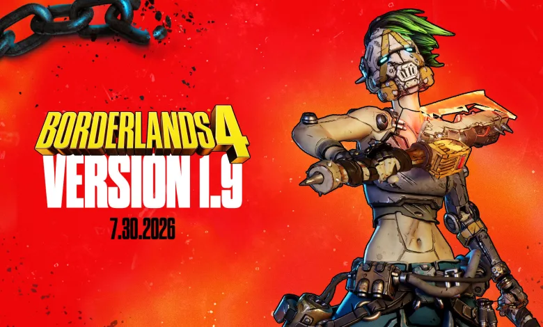 Borderlands 4 Version 1.9 artwork featuring a green-haired character holding a weapon against a red background