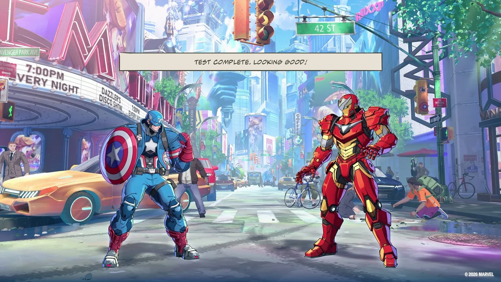 Captain America and Iron Man facing each other in a city stage