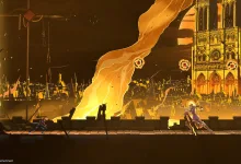 Playable characters confront danger before a burning cathedral in Castlevania: Belmont’s Curse