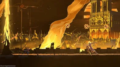 Playable characters confront danger before a burning cathedral in Castlevania: Belmont’s Curse