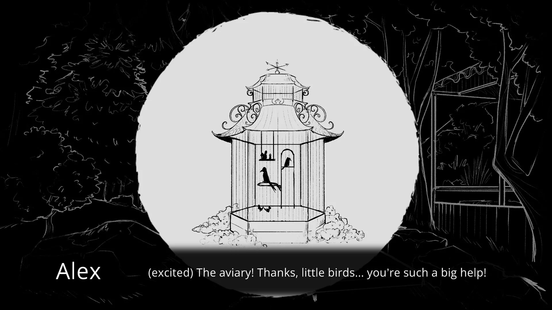 Alex speaking beside a birdcage in Coloratura