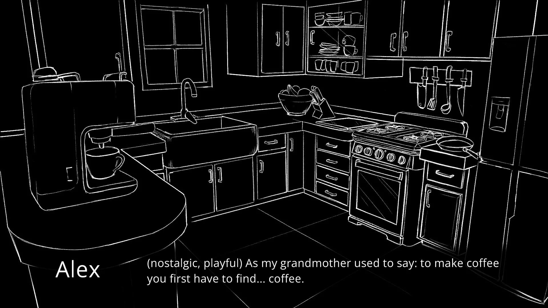 A black-and-white illustrated kitchen from Coloratura with dialogue subtitles