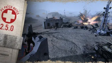 Company of Heroes 3 2.5.0 patch notes graphic over a desert battlefield with soldiers, vehicles, and an explosion