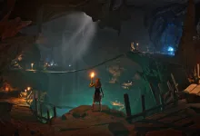 A character holding a torch stands inside a vast underground cavern in Conan Exiles Enhanced