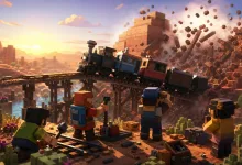 Blocky cooperative railroad construction scene with players repairing tracks while a train crosses a bridge through a collapsing desert landscape.