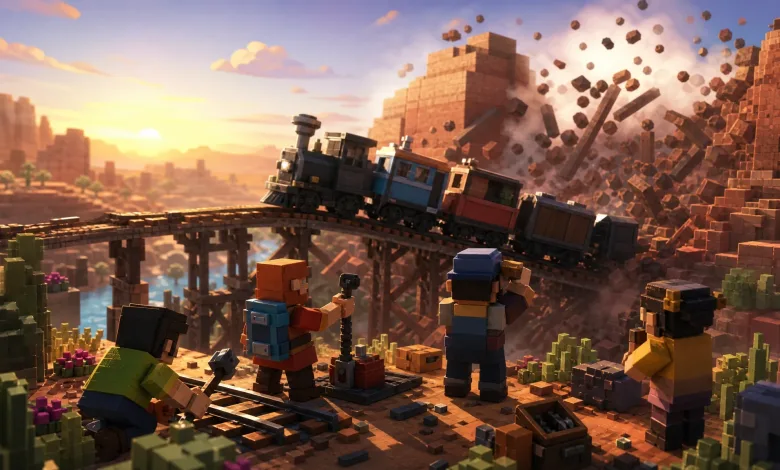 Blocky cooperative railroad construction scene with players repairing tracks while a train crosses a bridge through a collapsing desert landscape.