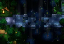 Core Keeper gameplay showing stone ruins and forested terrain at night