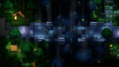 Core Keeper gameplay showing stone ruins and forested terrain at night