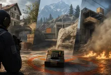 A Counter-Strike-style bomb sits in a marked bombsite as a tactical soldier aims nearby, with smoke, flames, and varied map environments in the background.