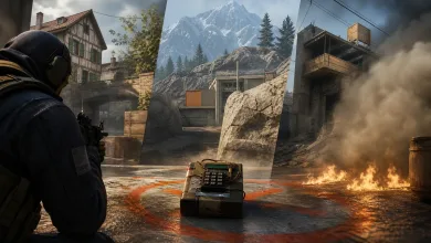 A Counter-Strike-style bomb sits in a marked bombsite as a tactical soldier aims nearby, with smoke, flames, and varied map environments in the background.