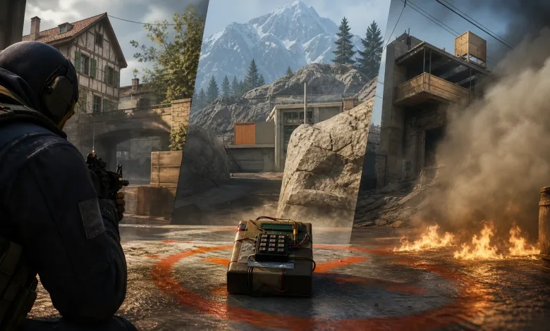 A Counter-Strike-style bomb sits in a marked bombsite as a tactical soldier aims nearby, with smoke, flames, and varied map environments in the background.