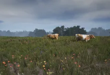 Cows grazing in a flower-filled field in Manor Lords