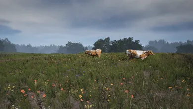 Cows grazing in a flower-filled field in Manor Lords